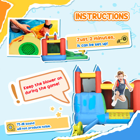 6-in-1 Inflatable Bounce House with Water Slide and Splash Pool