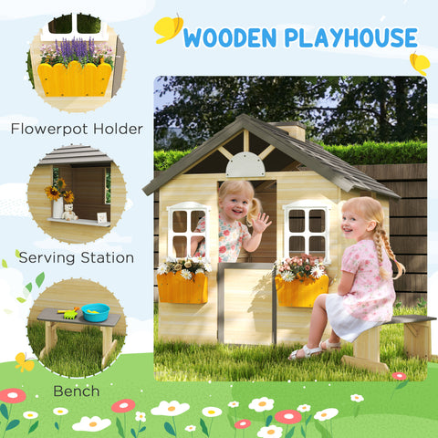 Kids Wooden Outdoor Garden Playhouse with Bench and Service Station