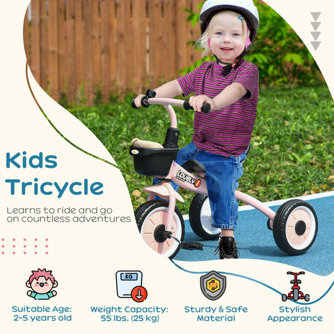 Kids' Tricycle for Ages 2-5 with Basket and Bell