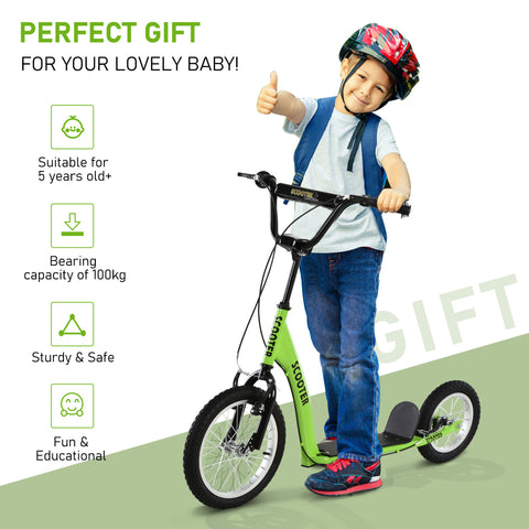 Youth Kick Scooter with Dual Brakes and Inflatable Wheels, Green