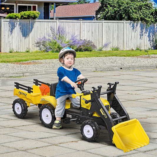 Ride-On Kids Bulldozer Excavator Toy with Working Bucket & Trailer