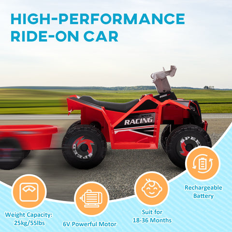 6V Electric Ride-On Toddler ATV with Back Trailer, Red