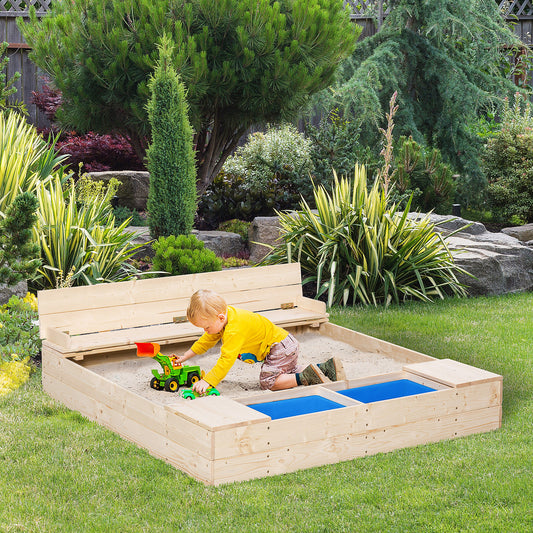 Kids Wooden Sandbox with Foldable Bench and Cover