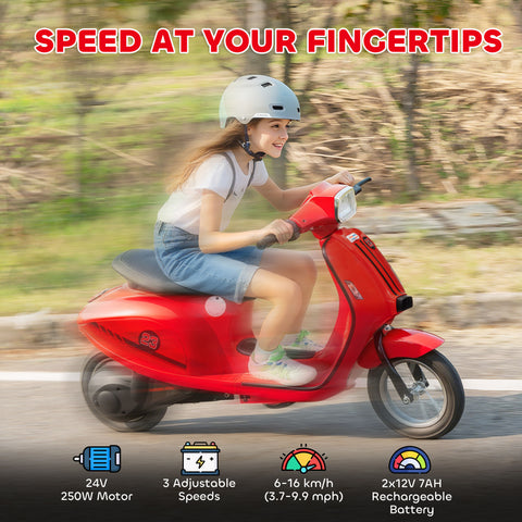 24V Electric Kids' Motorcycle with Rear Suspension, 3-Speed, Red