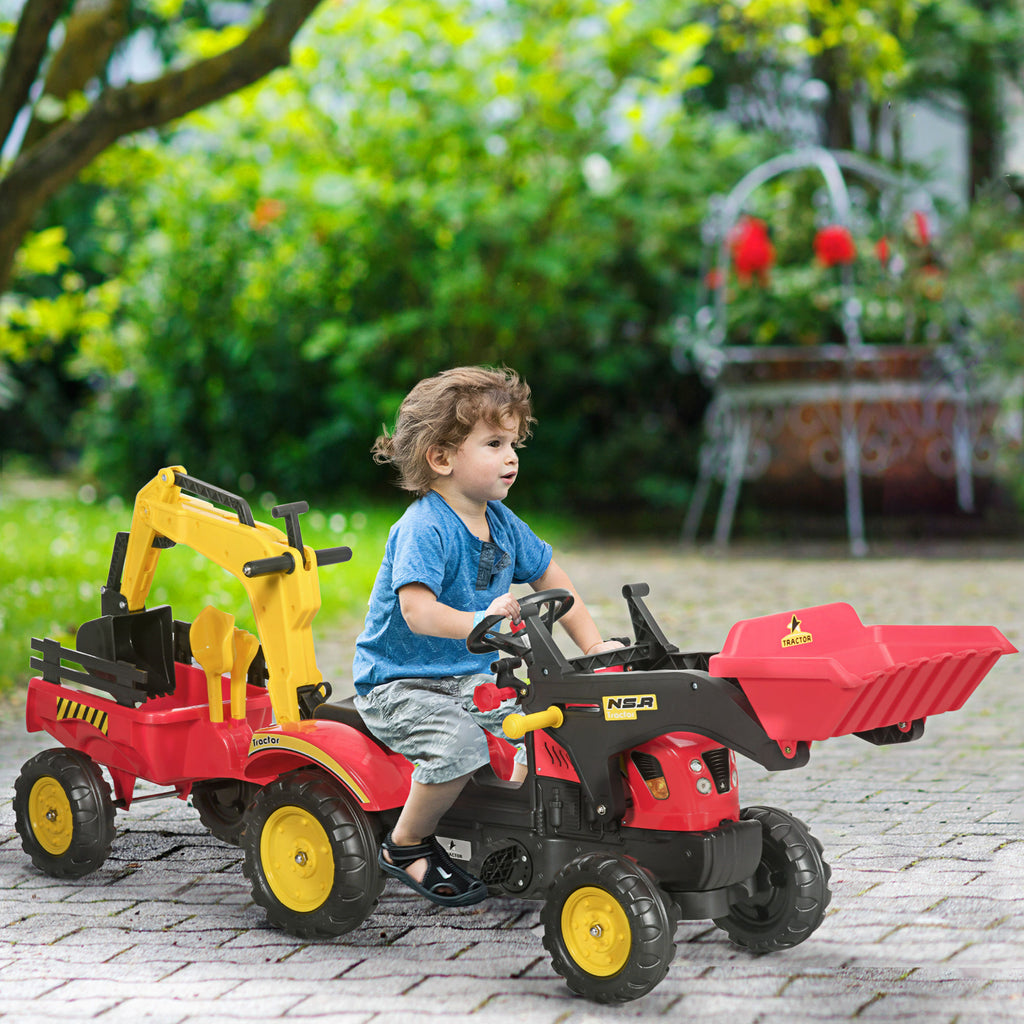 3-in-1 Kids Ride-On Excavator Toy with Trailer and Pedal Controls