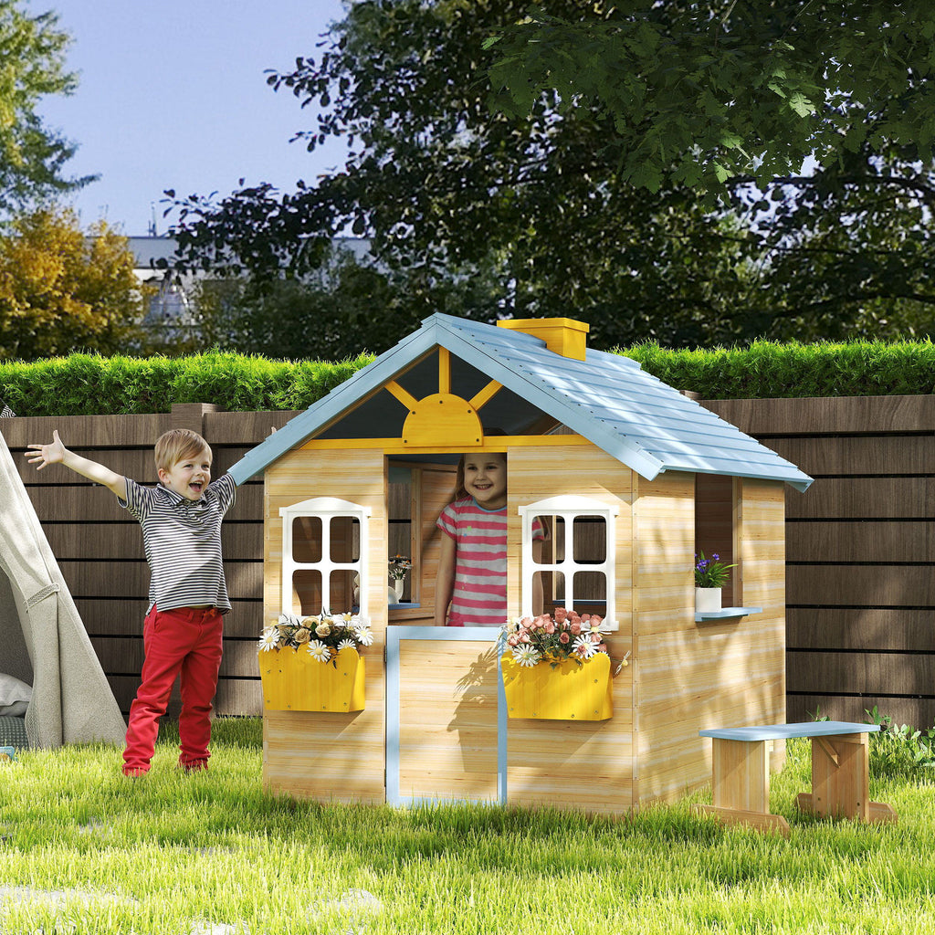 Kids Wooden Outdoor Garden Playhouse with Bench and Service Station