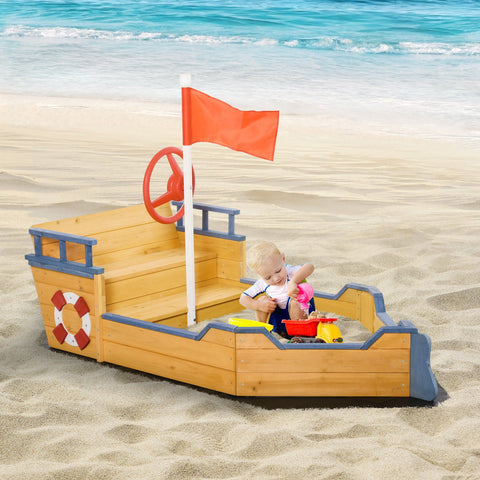 Kids Wooden Pirate Ship Sandbox with Bench and Storage
