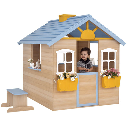 Kids Wooden Outdoor Garden Playhouse with Bench and Service Station