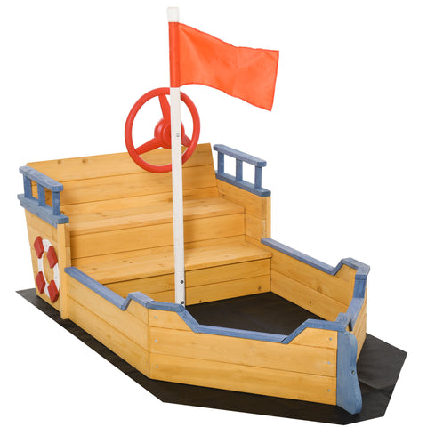 Kids Wooden Pirate Ship Sandbox with Bench and Storage