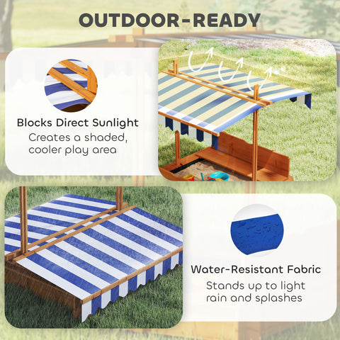 Kids Wooden Sandbox with Adjustable Canopy and Foldable Seats