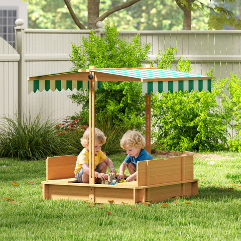 Wooden Kids Sandbox with Adjustable Canopy and Foldable Bench Seats
