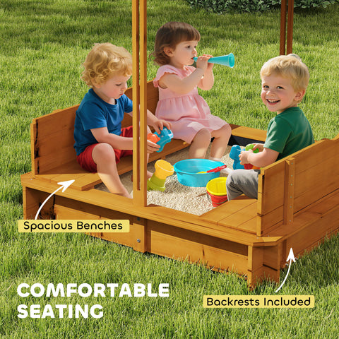 Kids Wooden Sandbox with Adjustable Canopy and Foldable Seats