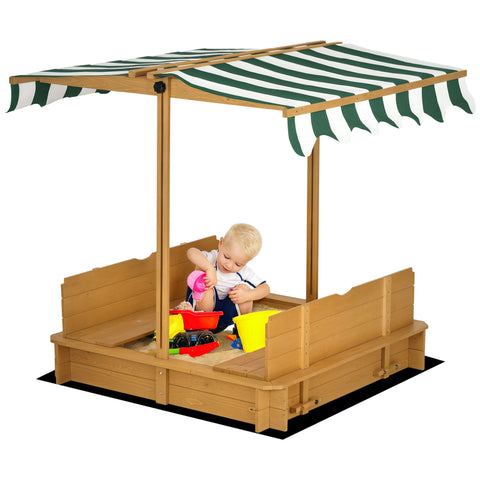 Wooden Kids Sandbox with Adjustable Canopy and Foldable Bench Seats