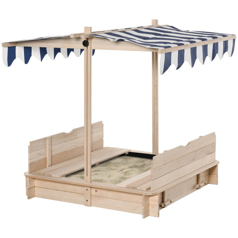 Wooden Kids Sandbox with Adjustable Canopy and Convertible Bench Seats