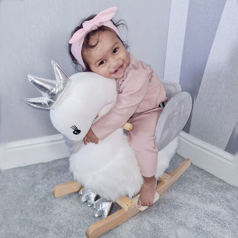 Plush Swan Rocker with Sound and Wooden Base for Toddlers
