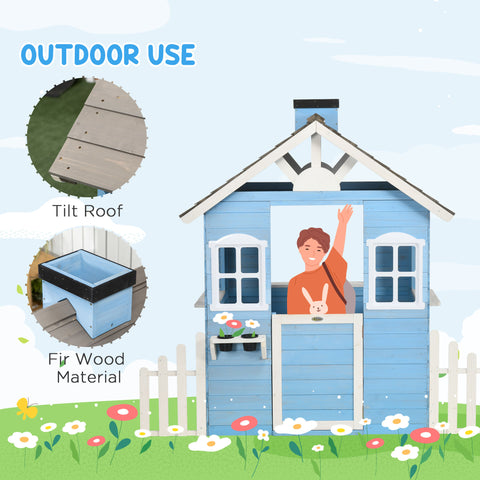 Outdoor Wooden Playhouse with Service Stations and Flower Pot Holders
