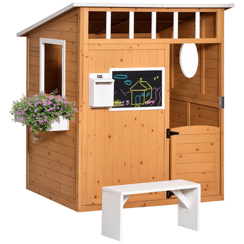 Outdoor Wooden Playhouse with Door, Windows, Mailbox, and Bench