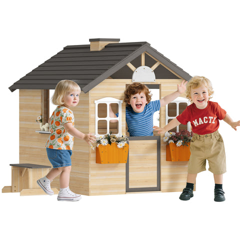 Kids Wooden Outdoor Garden Playhouse with Bench and Service Station