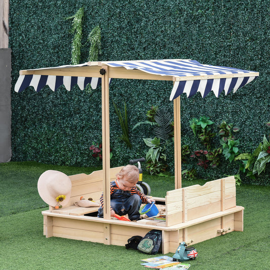Wooden Kids Sandbox with Adjustable Canopy and Convertible Bench Seats