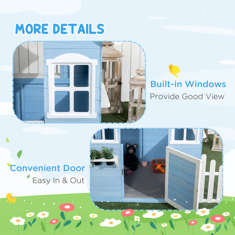 Outdoor Wooden Playhouse with Service Stations and Flower Pot Holders