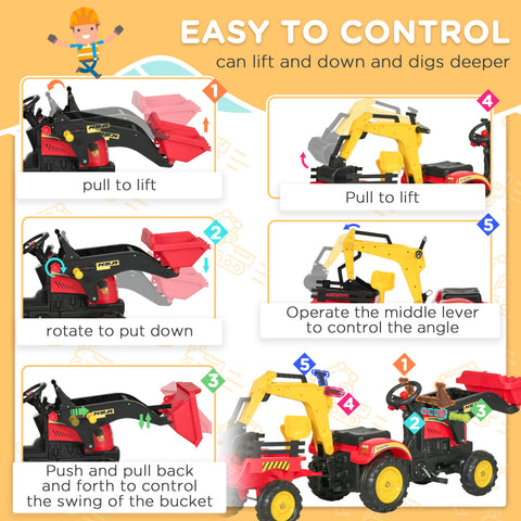 3-in-1 Kids Ride-On Excavator Toy with Trailer and Pedal Controls
