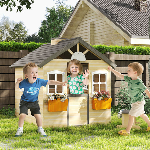 Kids Wooden Outdoor Garden Playhouse with Bench and Service Station