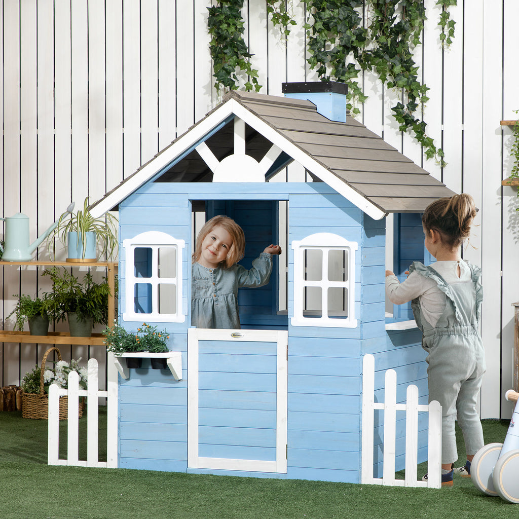 Outdoor Wooden Playhouse with Service Stations and Flower Pot Holders