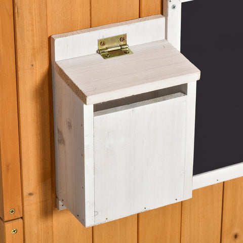 Outdoor Wooden Playhouse with Door, Windows, Mailbox, and Bench