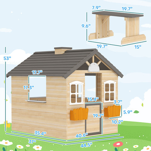 Kids Wooden Outdoor Garden Playhouse with Bench and Service Station