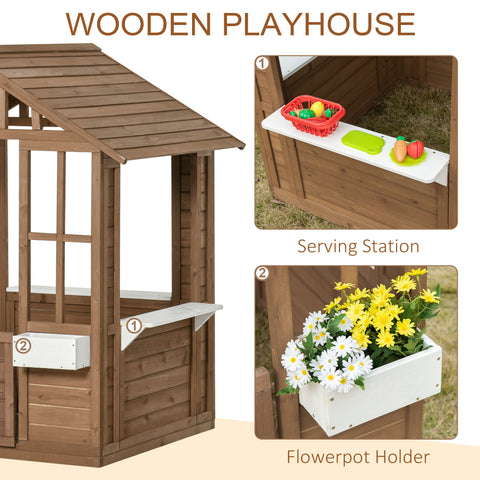 Kids Wooden Outdoor Garden Playhouse with Flower Pot Holder