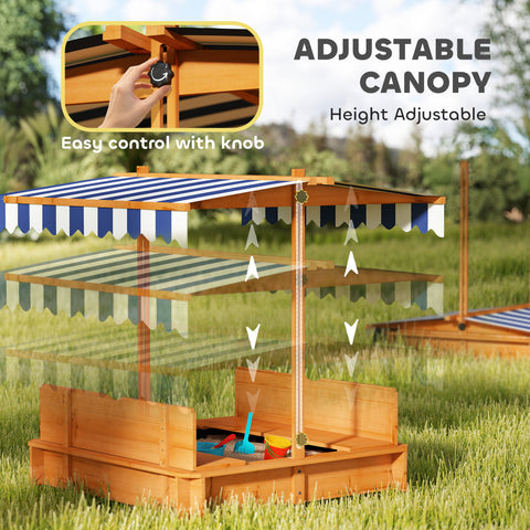 Kids Wooden Sandbox with Adjustable Canopy and Foldable Seats