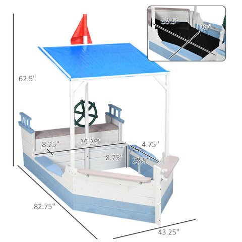 Pirate Ship Wooden Kids Sandbox with Canopy and Bench