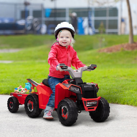 6V Electric Ride-On Toddler ATV with Back Trailer, Red