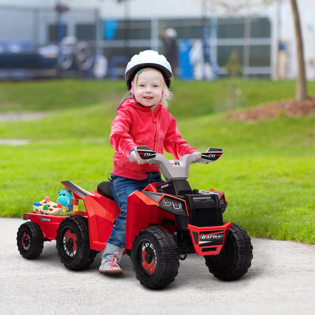 6V Electric Ride-On Toddler ATV with Back Trailer, Red