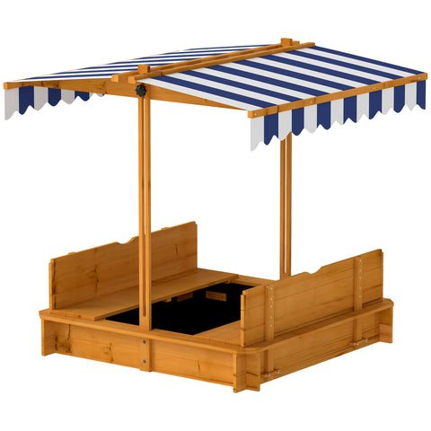 Kids Wooden Sandbox with Adjustable Canopy and Foldable Seats