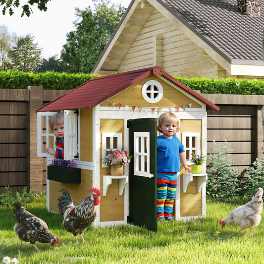 Outdoor Wooden Playhouse with Planter Pots and Boxes