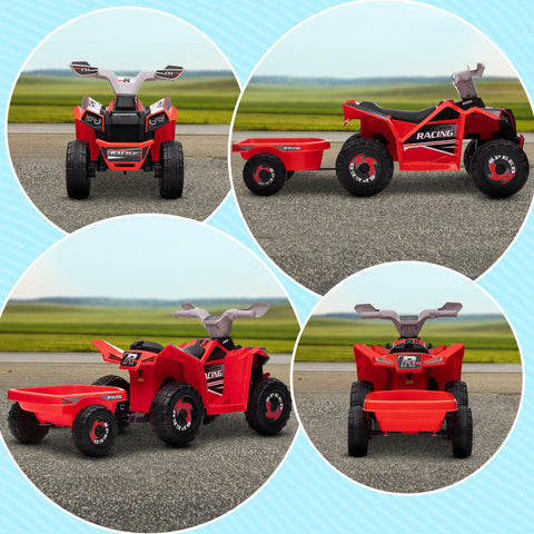6V Electric Ride-On Toddler ATV with Back Trailer, Red
