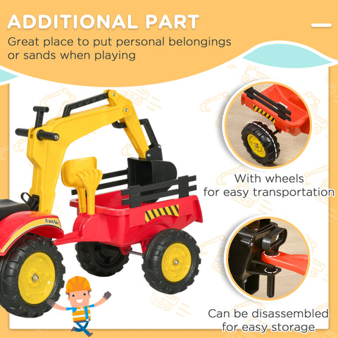 3-in-1 Kids Ride-On Excavator Toy with Trailer and Pedal Controls