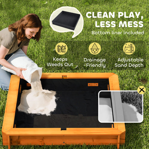 Kids Wooden Sandbox with Adjustable Canopy and Foldable Seats