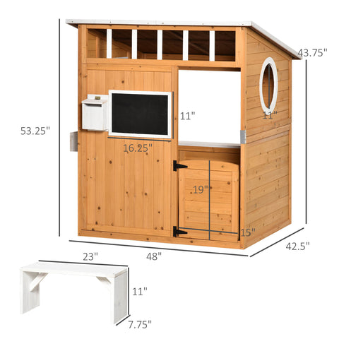 Outdoor Wooden Playhouse with Door, Windows, Mailbox, and Bench