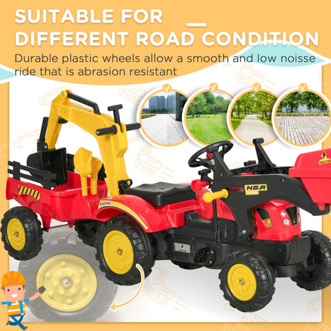 3-in-1 Kids Ride-On Excavator Toy with Trailer and Pedal Controls