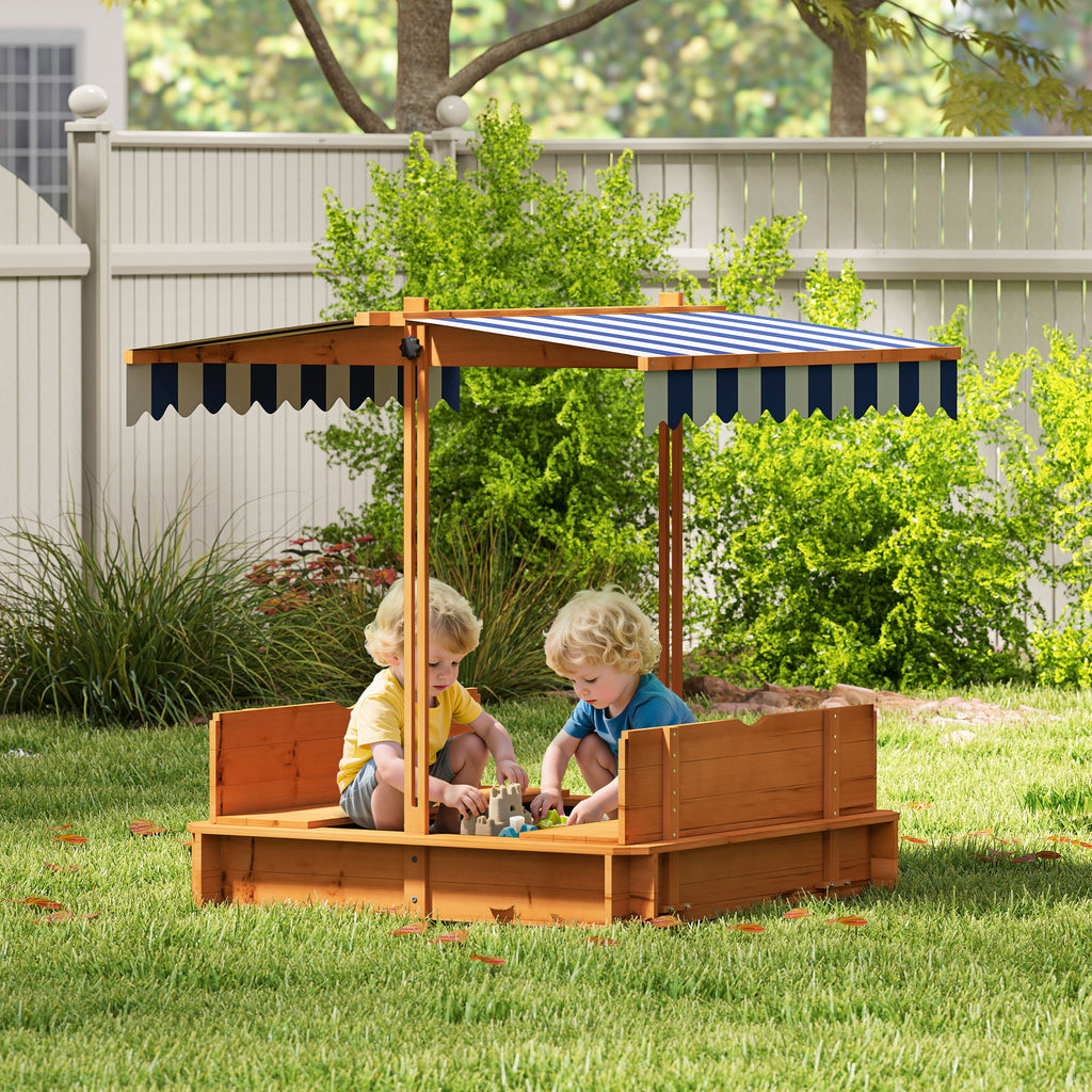 Kids Wooden Sandbox with Adjustable Canopy and Foldable Seats