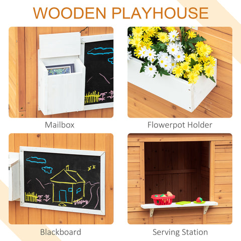 Outdoor Wooden Playhouse with Door, Windows, Mailbox, and Bench