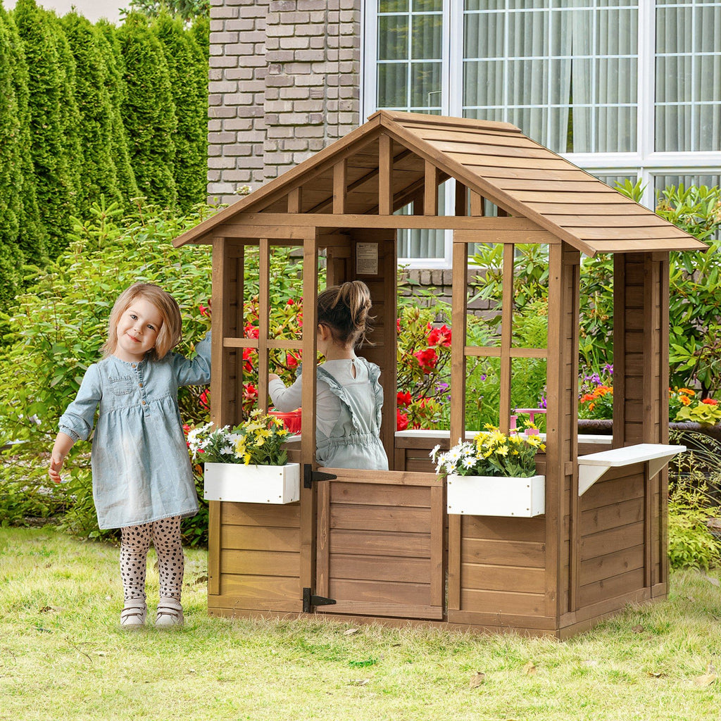 Kids Wooden Outdoor Garden Playhouse with Flower Pot Holder