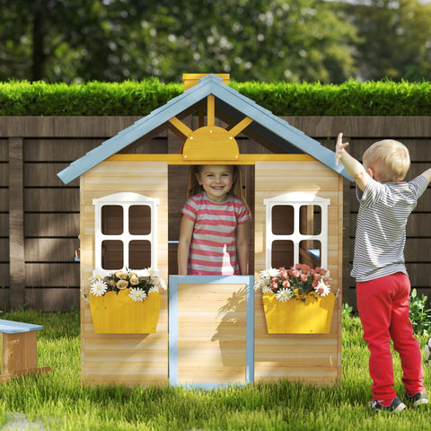 Kids Wooden Outdoor Garden Playhouse with Bench and Service Station