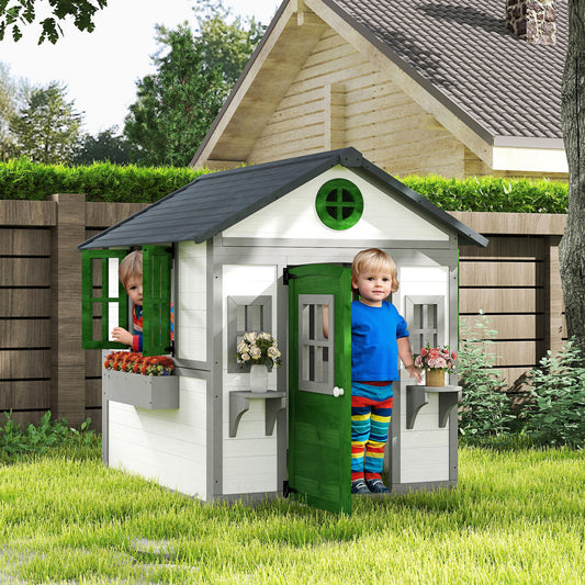 Outdoor Wooden Playhouse with Planter Pots and Boxes for Toddlers