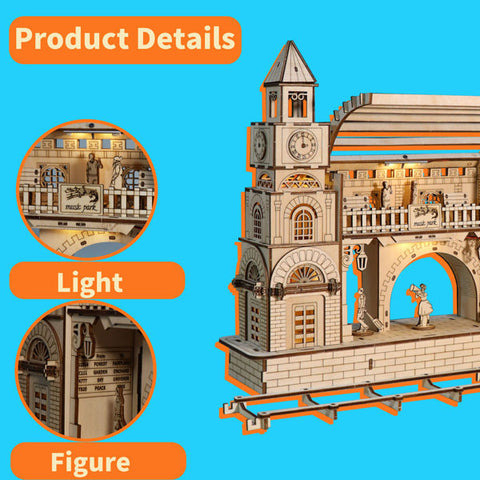 3D Wooden Railway Station Model Kit for DIY Assembly