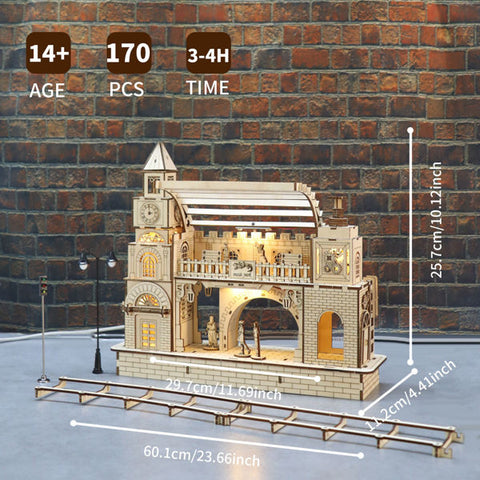 3D Wooden Railway Station Model Kit for DIY Assembly
