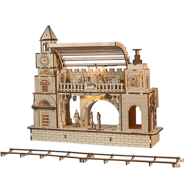 3D Wooden Railway Station Model Kit for DIY Assembly