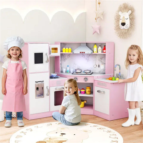 Kids Interactive Corner Play Kitchen Set with Ice Maker and Chalkboard